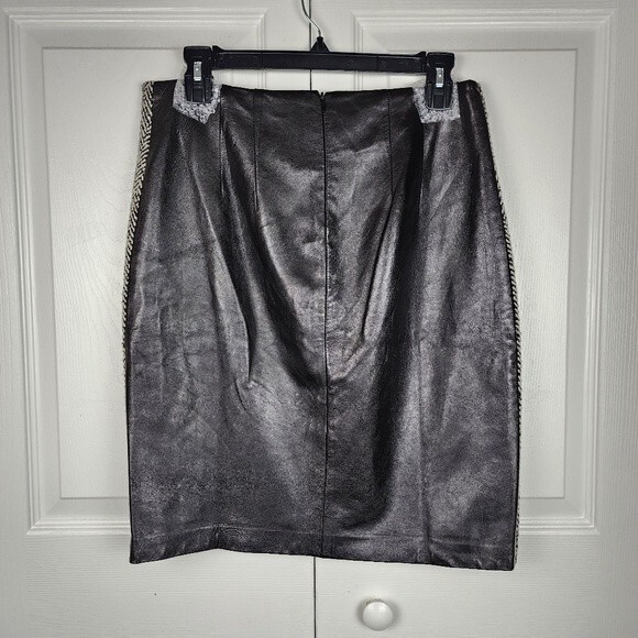 Vintage Laundry By Shelli Segal Leather Wool Pencil Skirt Black Herringbone 6 - Picture 3 of 15